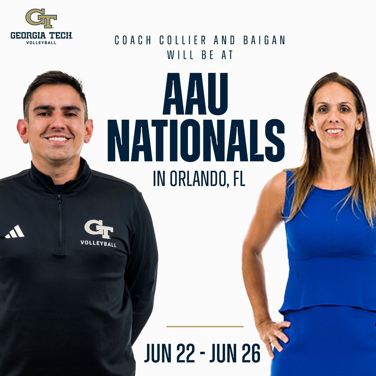 GTVolleyball's tweet photo. Sun, sand, and possibly the next Yellow Jackets ☀️

Catch Coach Michelle and coach Vini in Orlando, Fla. at the AAU Nationals, June 22-26.

#StingEm × #PointTech 🐝 https://t.co/fMBfpJkLyn