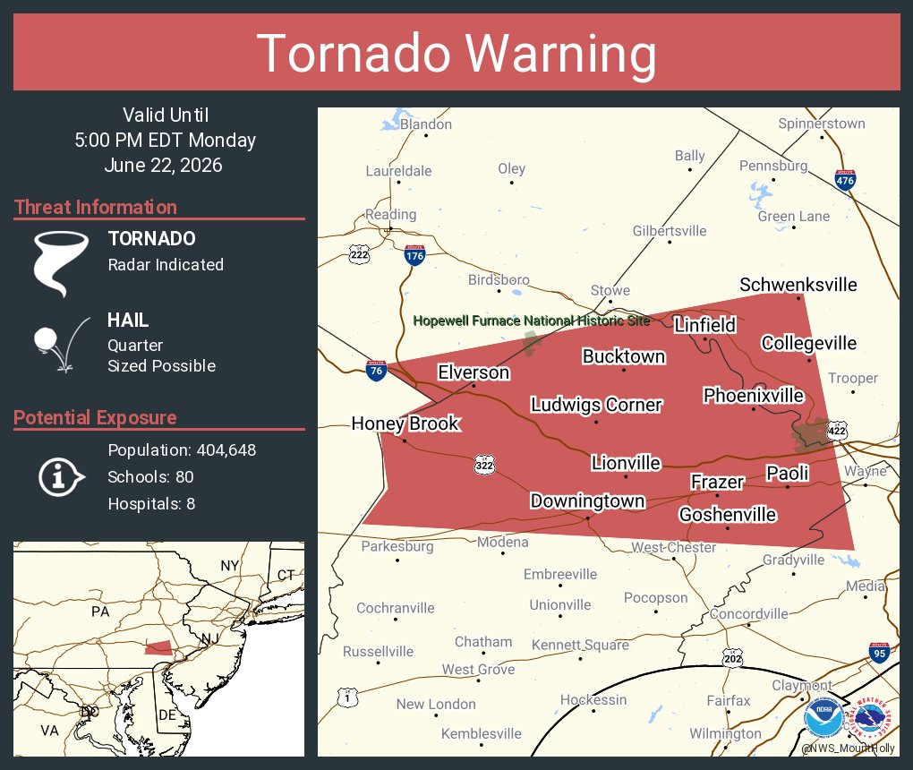 NWS_MountHolly's tweet photo. Tornado Warning including Phoenixville PA, Downingtown PA and  Lionville PA until 5:00 PM EDT https://t.co/iyspBexfej