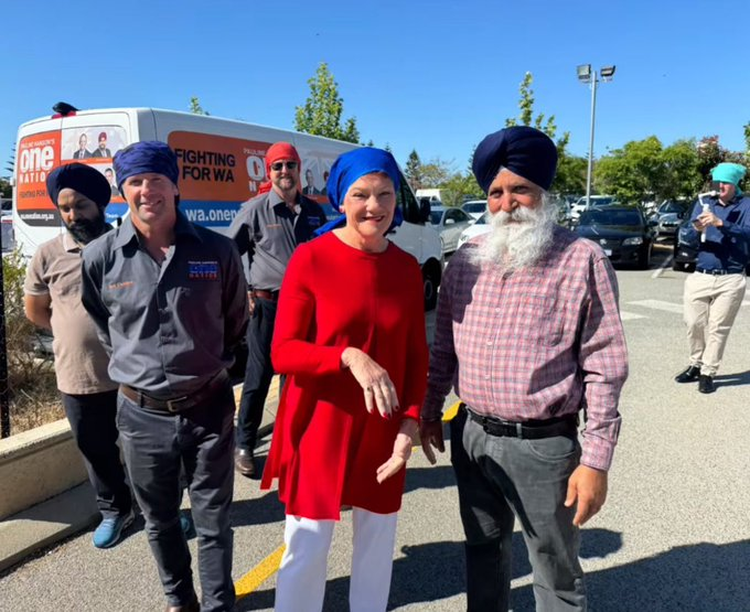 Partisangirl's tweet photo. Pauline Hanson is lying about supporting a "monoculture" for Australia. 

She's perfectly happy to take part in the foreign culture of the dominant immigrant group from the sub-continents, going to Diwali and covering her hair Sikh temples. 

Her definition of Australian culture is going to include everything her zionist pay masters tell her is allowed.