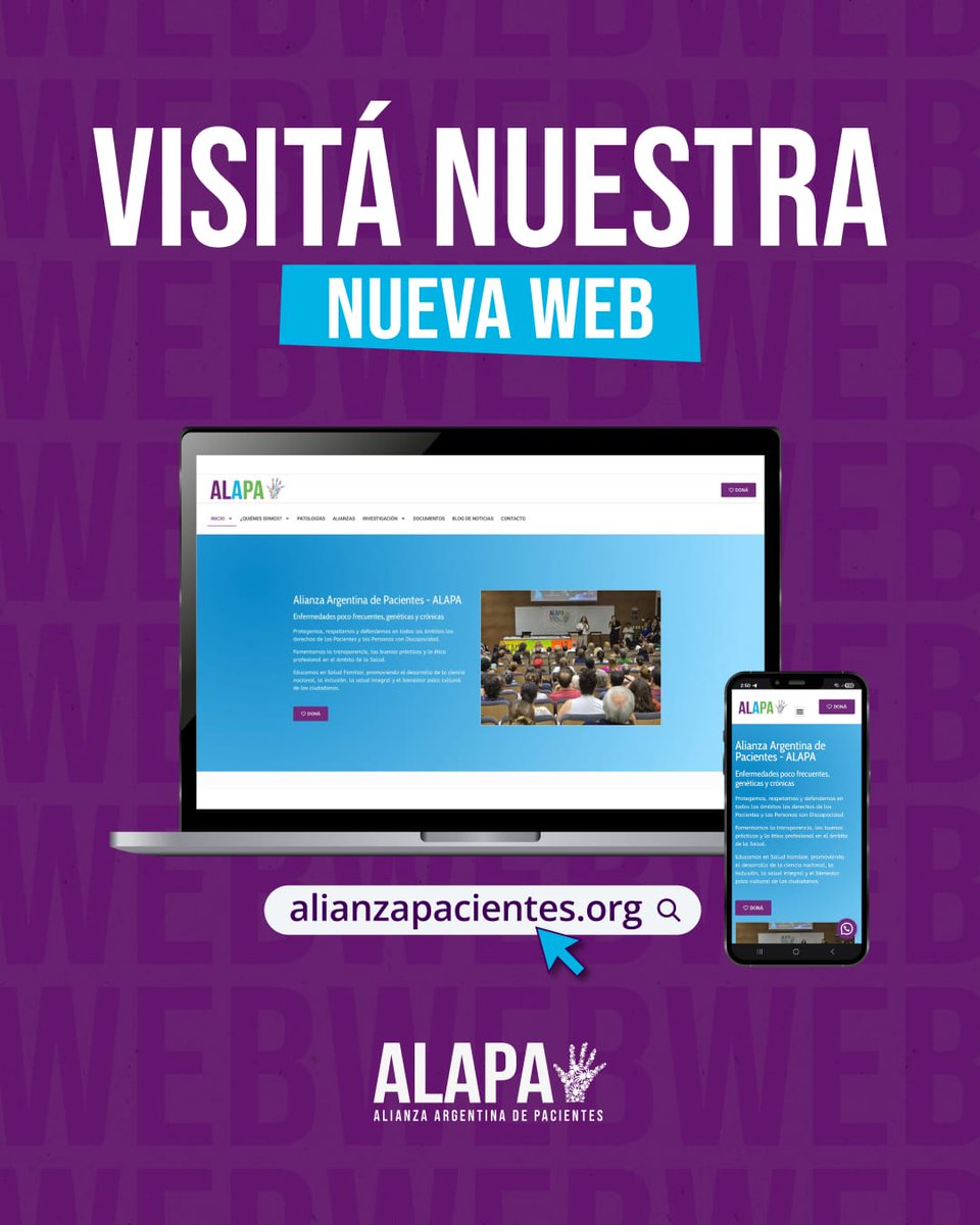 AlapaArgentina's tweet photo. 🥳 ¡Tenemos nueva página web! ❤️
💻 Actualizamos nuestro sitio sumando contenidos, visibilizando las organizaciones que son parte de nuestra familia y contando con quiénes mantenemos alianzas.

📲 Te invitamos a ingresar a https://t.co/QnTftNUnP4

#SomosALAPA #Pacientes #Salud https://t.co/czKYGlTVO8