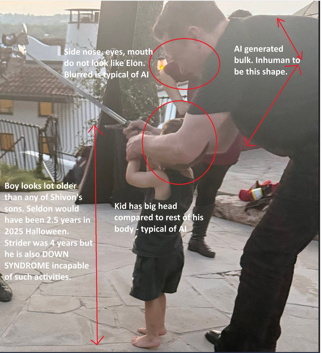 sonirw's tweet photo. Shivon Zilis fakery and deception on Father's Day continued with fake AI generated and/or heavily AI-edited photos. 

And then there's that 'blanket' Father's Day wish to 'all fathers'. 
➖Her four kids have four fathers:
Sam Altman (4th child Arcadia born Feb 2024), Jared Birchall (Strider born Nov 2021),  Greg Brockman (3rd child Seldon born around May 2023), and Ilya Sutskever (Azure born Nov 2021) -fails to recognize  that she is ridiculing her own children with BOUGHT MUSK NAME and by FALSIFYING HER OWN RELATION AND PATERNITY with Elon.

🚨Shivon needs SOCIAL MEDIA restraint from posting any imagery resembling Elon - along with the already existing PHYSICAL RESTRAINT of not being near Elon or his companies.

If you look at all the photos Shivon has shared with news media  or posted on X, NEARLY EVERY SINGLE ONE since 2023 is either  AI-generated or some kind of altered fake.

Her photos are taken from side, feet level or behind. But always on the sly where person being photographed has no knowledge of being photographed.   
💥If they are AI-generated, it's deceitful.
💥And if they weren't, they've been taken without the person's consent.

Father's day photo looks as though they're shot from behind and feet level, as if the person isn't even aware they're being photographed. 

If he actually wanted his photo taken, it would be towards the camera. Everything she puts out, whether it’s AI or not, screams that she is betraying Elon.

She intentionally does not show actual details of the faces. 

💥The image shows very limited facial detail, with both the children’s and adults’ faces obscured or unclear. This lack of distinct facial features can be a common trait in AI-generated imagery, where details are sometimes softened or intentionally reduced. 

Faces are often one of the easiest ways for the human eye to detect inconsistencies in AI images, so their absence or blurring may make the image harder to verify.

It is just another way to mask her lies and “hide” the fact she posts fake AI images.

💥Her actions come across as an attempt to manipulate public opinion and protect herself.

She also appears to be seeking sympathy by highlighting her role as a mother. However, many people may not take the time to fully verify the situation or separate fact from speculation. 

TWO CONS WORKING TOGETHER following same patterns of deception - Shivon (and Ashley) believe if a “story” is repeated often enough, it will be believed - whether truthful or not.

Shivon has only shared  fake AI-generated photos in last few years. Until recently, it would have been tough for anyone outside the AI industry to verify. But also easily visible with just eyes.

Over the last three years, even several news media photos of Shivon are altered or entirely created using AI. 

Shivon has been working with AI for last 10 year so she had access to these tools way before the rest of us.