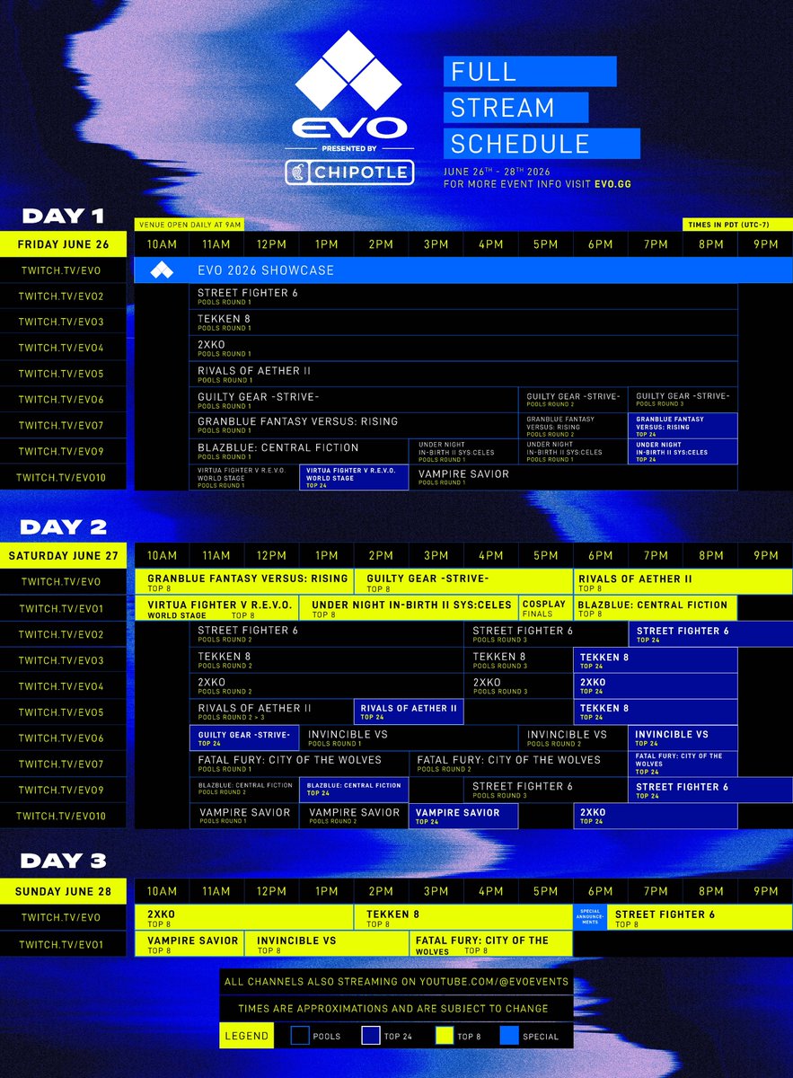 Evo's tweet photo. The #Evo2026 Broadcast Schedule https://t.co/aFR6wExwPj