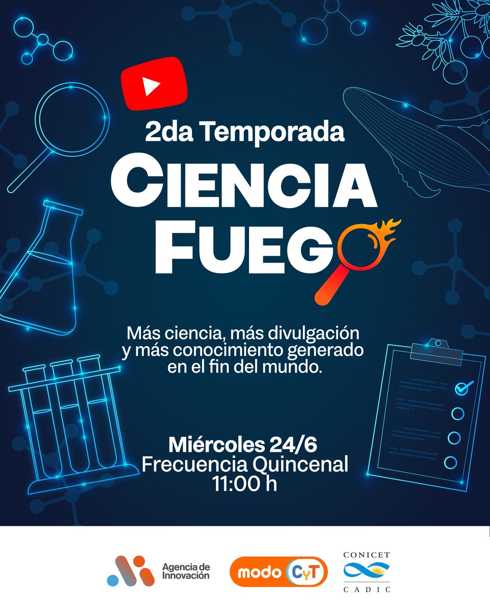 CadicUshuaia's tweet photo. ¡Vuelve Ciencia en Fuego!
La segunda temporada del streaming de la Agencia de Innovación y el CADIC, CONICET ya tiene fecha de estreno.
- Ahora con frecuencia quincenal
- Miércoles
- 11 h
Nos reencontramos el 24 de junio para seguir acercando el conocimiento a toda la comunidad. https://t.co/Uw3HW7Jvc2