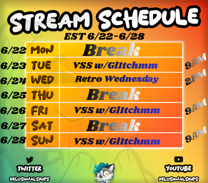 DelusionalSkips's tweet photo. Schedule for this week, between this week and next week we will still be doing the charity event for @GamersOutreach with our lovely friend @gl1tchmm  <3 https://t.co/9Y1KjFgVPy
