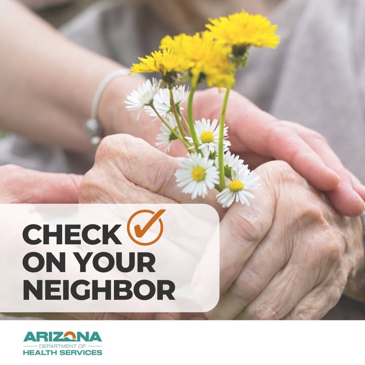 AZDHS's tweet photo. During Arizona summers, heat-related illnesses are a real concern.

Make it a habit to #CheckOnYourNeighbor, especially those who might need extra support staying safe and cool.

Learn more: https://t.co/9PaqebX1vS https://t.co/x97JqNdbhS
