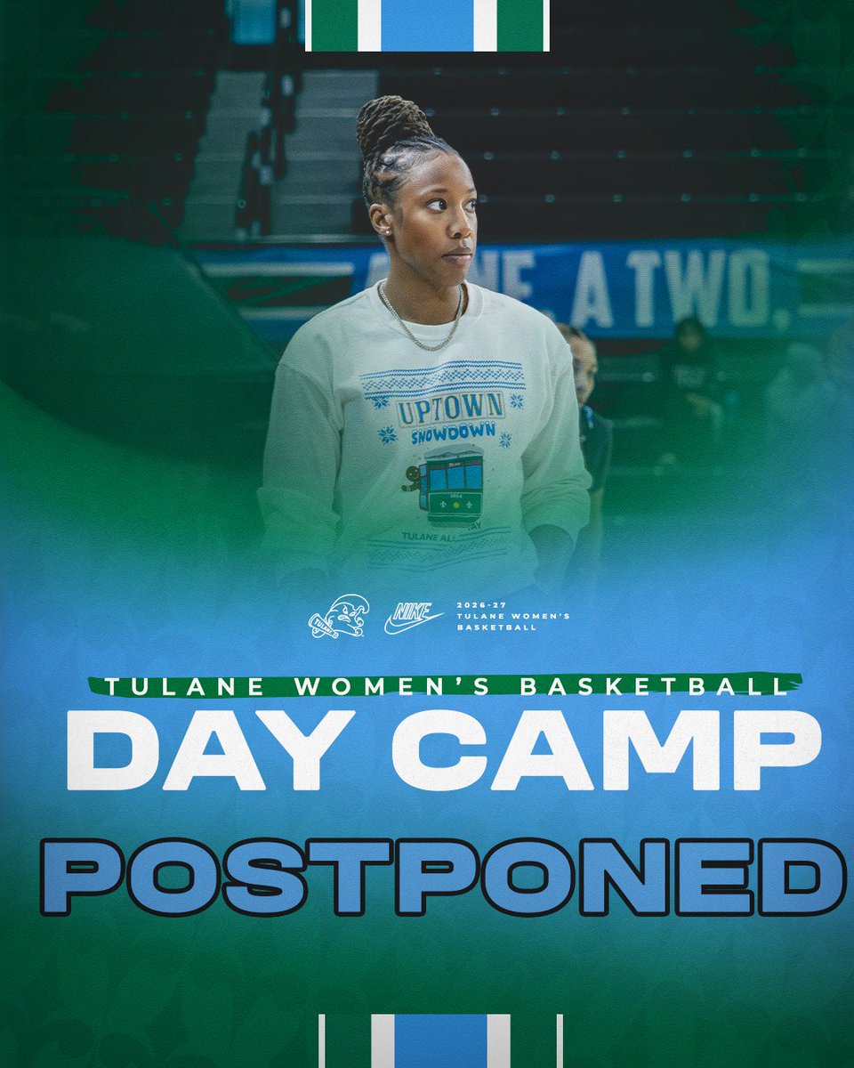 GreenWaveWBB's tweet photo. 🚨 The Tulane WBB Day Camp has been postponed to a later date. Stay tuned for further details as they become available. 

#RollWave🌊 https://t.co/3zSKI2Q1gT