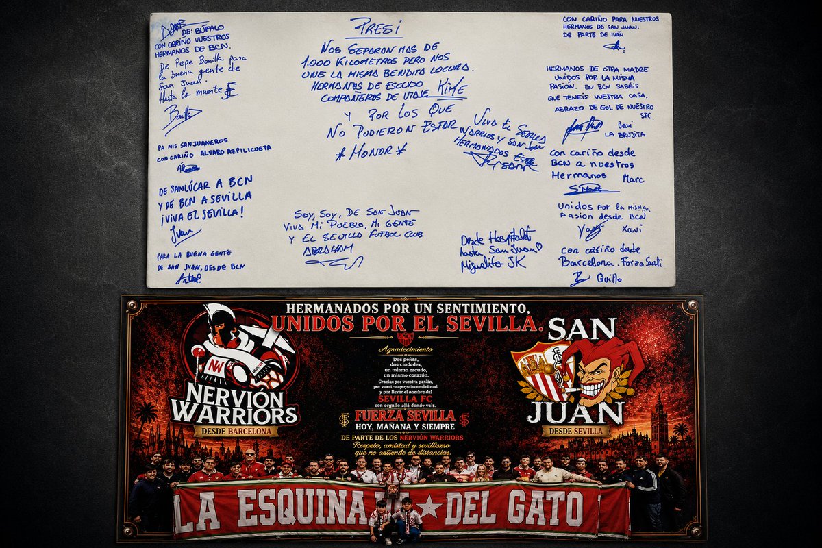 SanJuanInd1995's tweet photo. Desde la Sección San Juan y La @paysfc queremos agradecer el gesto de la @NervionWarriors 
Gracias a todos sus integrantes y por sus palabras
Abrazo desde San Juan.
🔴⚪🤝
#SevillaFC #NervionWarriors #SeccionSanJuan #LaEsquinaDelGato https://t.co/KxumKPpWfb