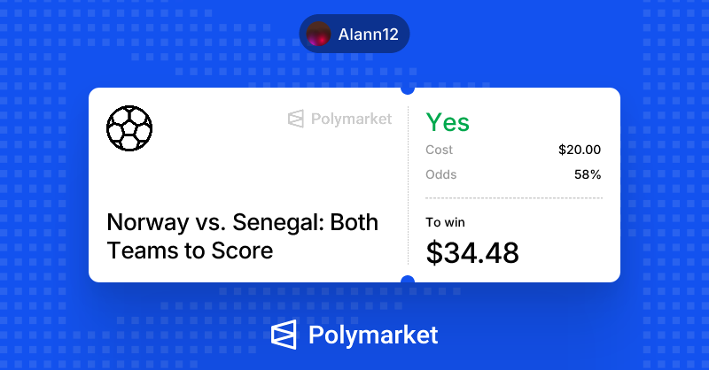 Aalan1012's tweet photo. I just put my money where my mouth is on @Polymarket.

Trade against me: https://t.co/ybdIPHgn3g 
🔥🔥🔥 پیش بینی بازی نروژ _ سنگال.

از اونجایی ک اکثر بازیهایه جامجهانی تا به اینجایه کار هردو تیم گل داشتن برایه دو تیم حجومی نروژ و سنگال این احتمال خیلی بالاست.
(ریسک متوسط) https://t.co/np0Dx7m49u