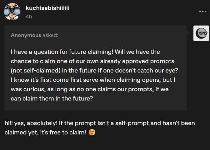 spb_fest's tweet photo. A question we got from Tumblr today!

✅ Yes, you can claim your own prompt if no other prompts catch your eye. As long as the prompt isn't a self-prompt and hasn't been claimed, it's free to claim! https://t.co/dlia4Rg3a9