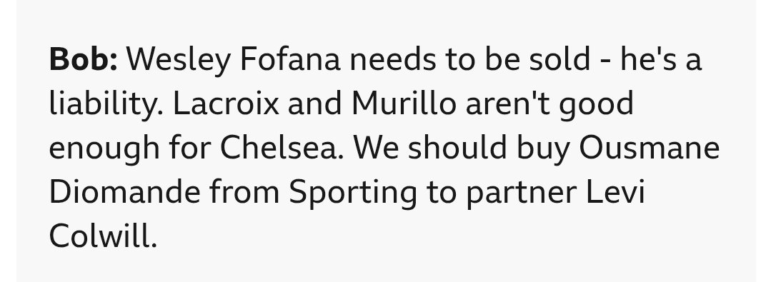Blue_Footy's tweet photo. I can assure you that Rob has never watched Ousmane Diomande in his life. 😂

If Lacroix and Murillo aren't  Chelsea level, Diomande is even further behind. https://t.co/1nz2xUwyuG