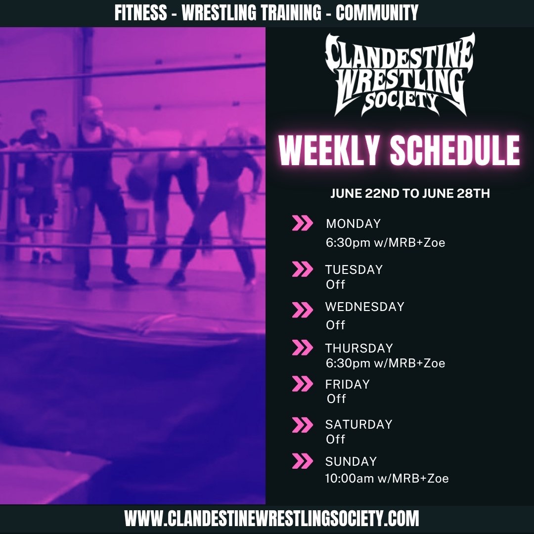 ClandestineSOC's tweet photo. WRESTLING TRAINING! Edmonton!

JUNE 22ND TO JUNE 28TH
SCHEDULE

Mon: 6:30pm-w/MRB+Zoe
Tues: Off
Weds: Off
Thurs: 6:30pm-w/MRB+Zoe
Fri: Off
Sat: Off
Sun: 10:00am-w/MRB+Zoe

Come train with us! Go to https://t.co/Q4KUjDAvqK to join!

#yeg #wrestling https://t.co/j7vBq2VbmK