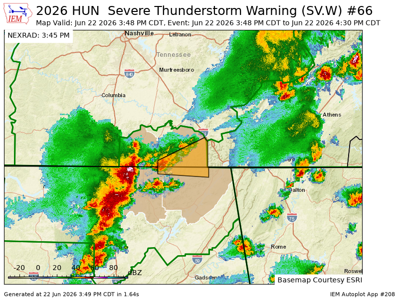 CamutoWHNT's tweet photo. HUN issues Severe Thunderstorm Warning [tornado: POSSIBLE, wind: 60 MPH (RADAR INDICATED), hail: <.75 IN (RADAR INDICATED)] for Jackson, Madison [AL] and Franklin, Lincoln [TN] till 4:30 PM CDT https://t.co/eCYnJkDANa https://t.co/L1YuTBavgw