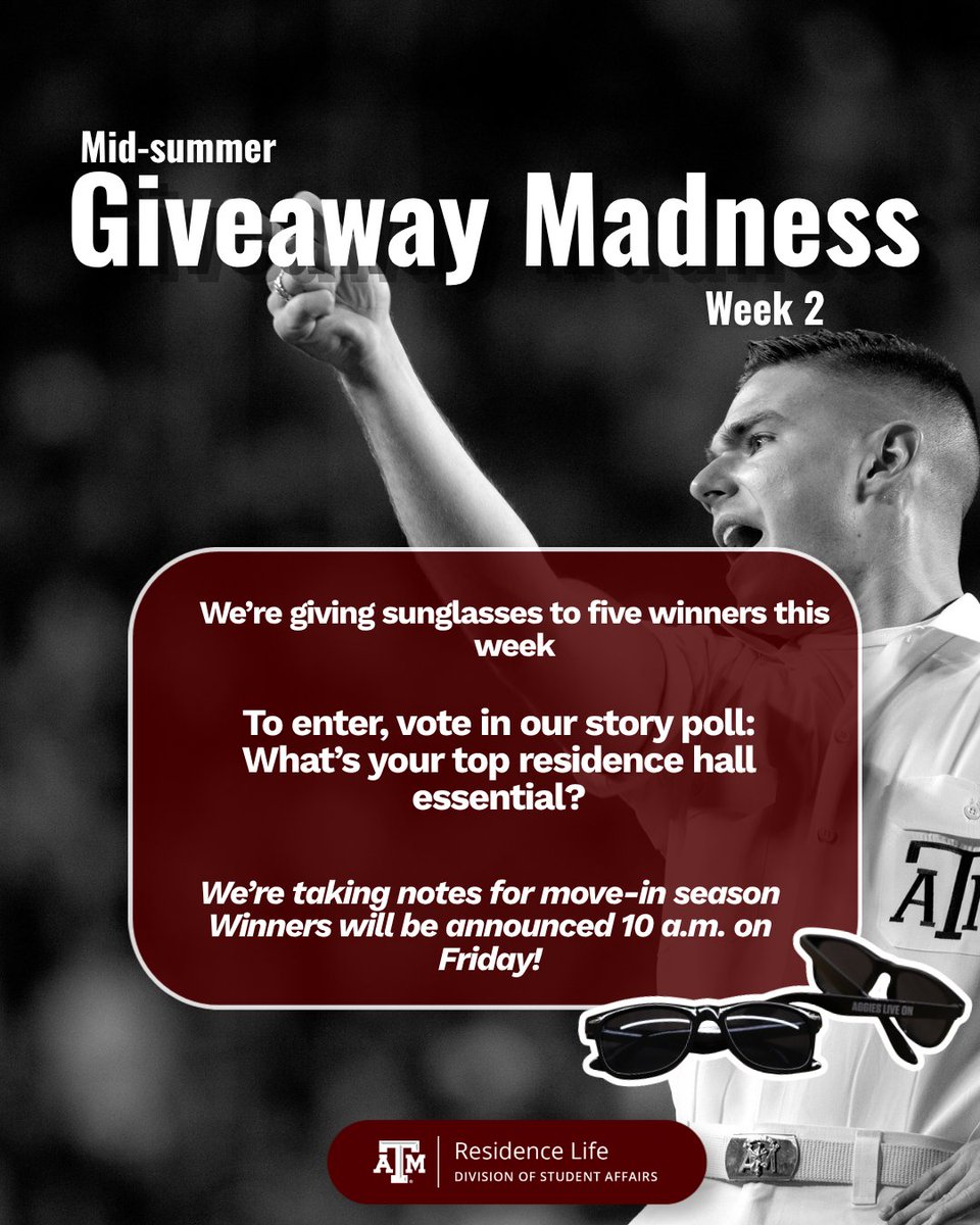 TAMUResLife's tweet photo. Mid-summer giveaway madness is heating up! Want to win a pair of sunglasses? Vote in our story poll to enter. Winners will be announced at 10 a.m. Friday. 

#ResidenceLife #TAMU #AggiesLiveOn https://t.co/MnKRIejk6y