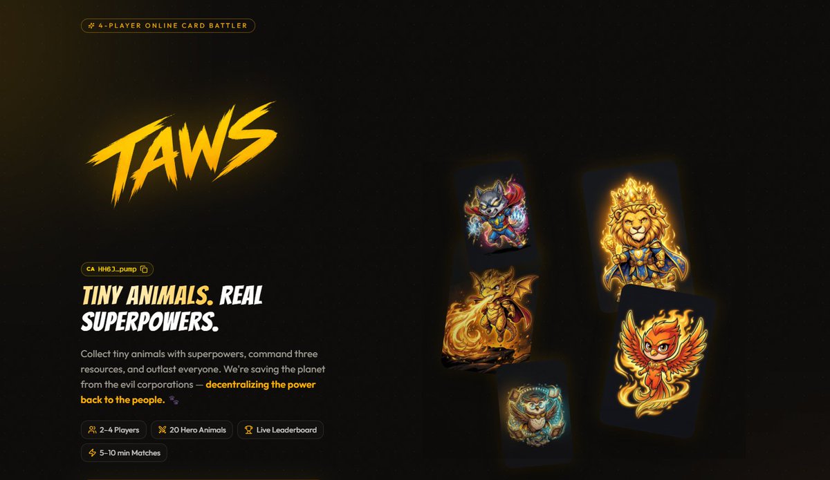TAWSworld's tweet photo. 1/ 🐾⚡️ TAWS is officially live.

We wanted to build something simple and easy to understand.

A game that's actually fun to play while still feeling competitive.

Tiny animals with superpowers fighting to save the planet from evil corporations.👇 https://t.co/Z4hYGEhkXA