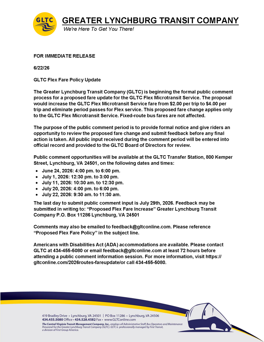 GLTCONLINE's tweet photo. PUBLIC NOTICE: GLTC is seeking public comment on a  proposed change to GLTC Flex fare from $2 to $4 per trip. Fixed-route fares would not change. Please see press release. https://t.co/f4ltFJ68py