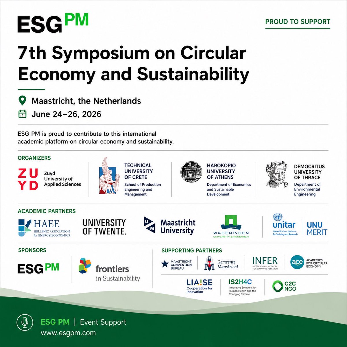 esgpmcom's tweet photo. Proud to support the 7th Symposium on Circular Economy and Sustainability in Maastricht, 24–26 June 2026, and to contribute to this international academic platform together with its organizers, partners and sponsors. #CircularEconomy #Sustainability #ESGPM https://t.co/5nKscTuNPw