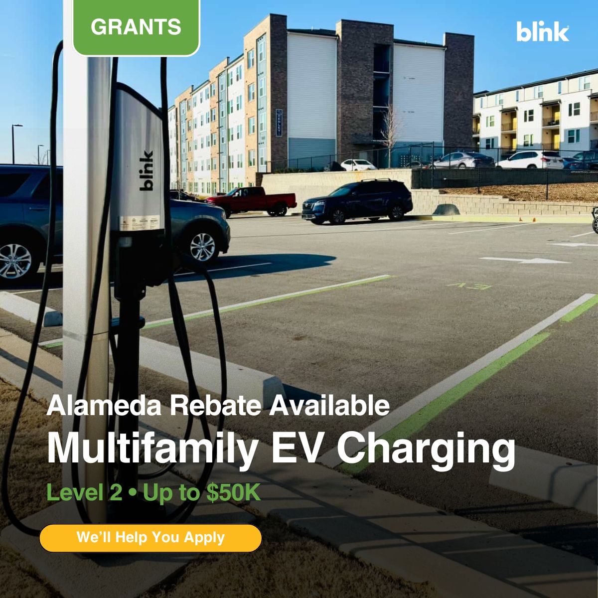 BlinkCharging's tweet photo. Power up your multifamily properties in Alameda ⚡
Get up to $50,000 in rebates for Level 2 EV chargers with Alameda Municipal Power, and we’ll help you apply every step of the way.

Make charging smoother for residents and get your buildings EV-ready.

🔗 Learn more: https://t.co/CWxYT87pAi