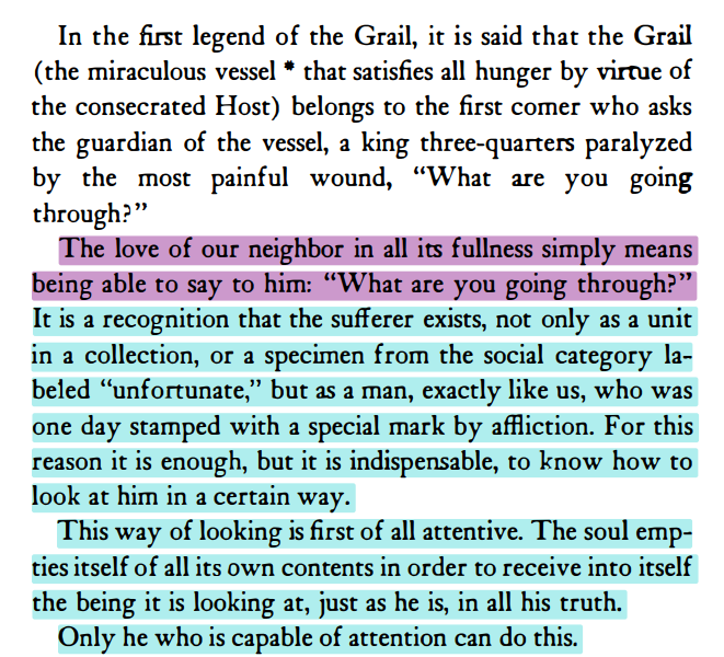 explicanda's tweet photo. "Those who are unhappy have no need for anything in this world but people capable of giving them their attention."  (Simone Weil) https://t.co/PloKshhIDy