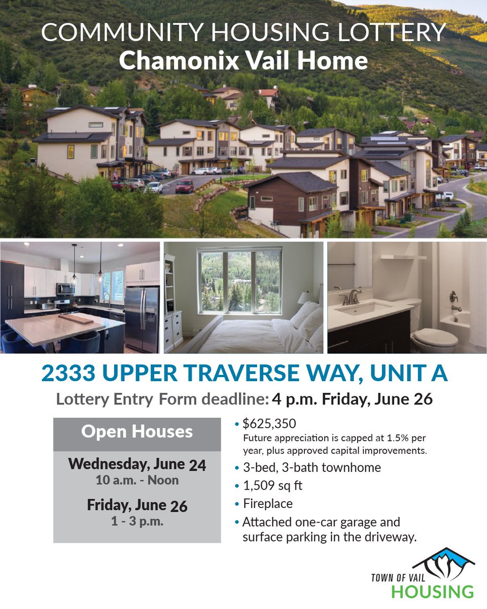 VailGov's tweet photo. Enter the Community Housing Lottery for a Chamonix Vail town home! Applications due by 4 p.m. Friday, June 26; Drawing will be Tuesday, June 30.

Learn more/apply at https://t.co/WkyscqCWxz https://t.co/kKB8Ls8DAt