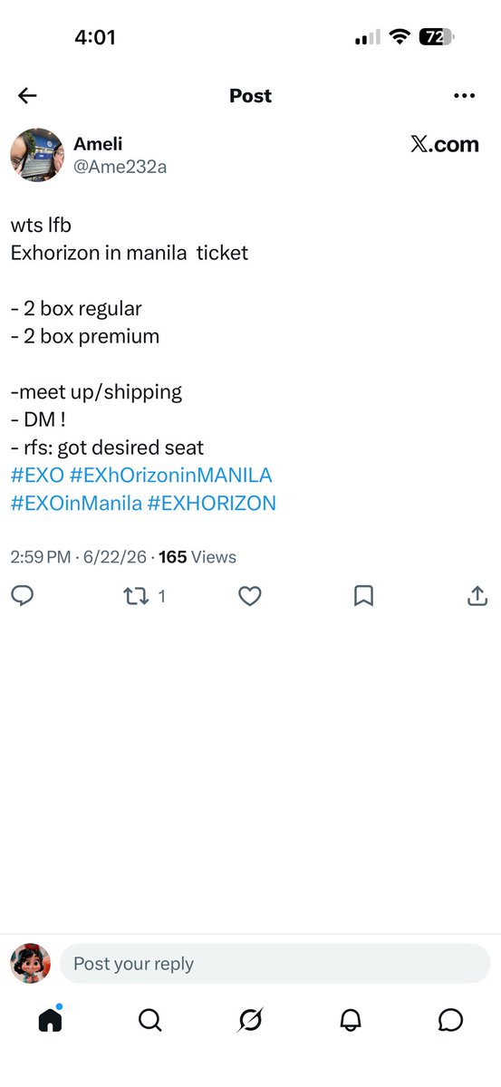 thedanigurl's tweet photo. ‼️SCAMMER ALERT‼️

Again, please do not interact with Ameli (Ame232a). 😮‍💨 Hindi po totoo ang Exhorizon ticket na binebenta nya! 😩

Hihingian ka nya ng dp for ticket reservation pero yung ticket is fake! 😭 Nabiktima na nya kami ng kaibigan ko. 🤧

#EXhOrizoninManila #EXO https://t.co/1nUepXrljt