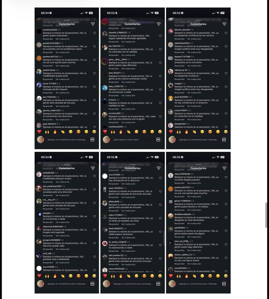 vtolosapaz's tweet photo. DIME CUÁNTO GASTÁS PARA ATACARME Y DIRÉ CUÁNTO MIEDO ME TENÉS.

Hace 96 hs detectamos con mi equipo que hay algunos muy preocupados por lo que estamos haciendo en la organización del peronismo. Una granja de bots operando coordinadamente contra mí en Instagram y otras redes. Más de 1000 comentarios idénticos en 4 días. Todos con la misma fórmula: "Siempre lo mismo en el peronismo, Viki,….(y ahí aplicaban variaciones …)" 126 variantes únicas de remate para cada mensaje.

La operación comenzó el lunes 15 de junio invadiendo todas mis publicaciones, justo después de nuestro acto en Concepción del Uruguay. Incluso se animaron a bastardear el mensaje en memoria de nuestra querida Taty Almeida.

Mi equipo se puso a analizar cuentas de otros compañeros de mi espacio político y del peronismo. No detectaron nada parecido en la última semana. ¿Entonces es en contra mío? ¿Tiene que ver con el Peronismo Debate? ¿Quieren desanimarme?

Qué importante que soy para algunos. Hasta gastan dinero para financiar operaciones en mi contra. Me hacen más fuerte.

No es opinión espontánea de usuarios reales. No son personas reales. Es una operación financiada y direccionada. Identificamos ya 764 usuarios falsos.

Le recomiendo al "ideólogo" que sea menos obvio.

Les muestro las pruebas. 👇 (perdón el embole)