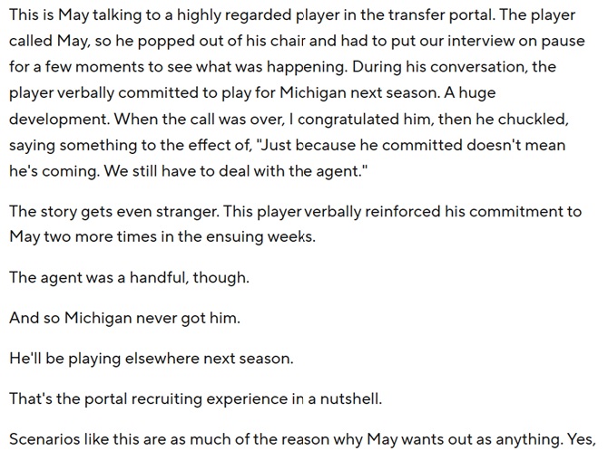SkinsHoops86's tweet photo. Norlander has crushed it with coverage of May/Michigan 

This except is so telling and sad. Funny when a prominent CBB media member has to be contrarian on everything and claims May leaving isn't an indictment on current state of college sports. Pretty obvious he is wrong https://t.co/BkMe7cdShj