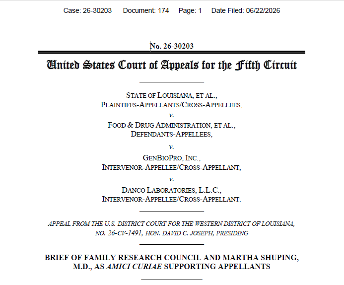 tperkins's tweet photo. Today, @FRCdc filed an amicus brief with the 5th Circuit in Louisiana v. FDA, arguing that the Court should grant a stay against the 2023 mifepristone REMS. 

In our brief, we highlight an increasingly common and tragic reality: abortion drugs are inextricably linked to violence and abuse against women.