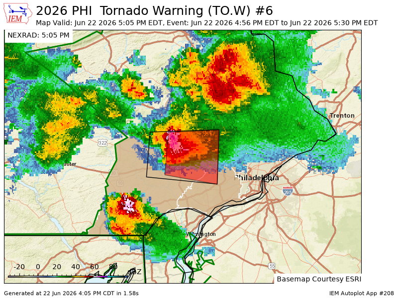 iembot_phi's tweet photo. PHI continues Tornado Warning [tornado: RADAR INDICATED, hail: 1.00 IN] for Chester, Delaware, Montgomery [PA] till 5:30 PM EDT https://t.co/D54Bj1l5S5 https://t.co/XiVViItrfS