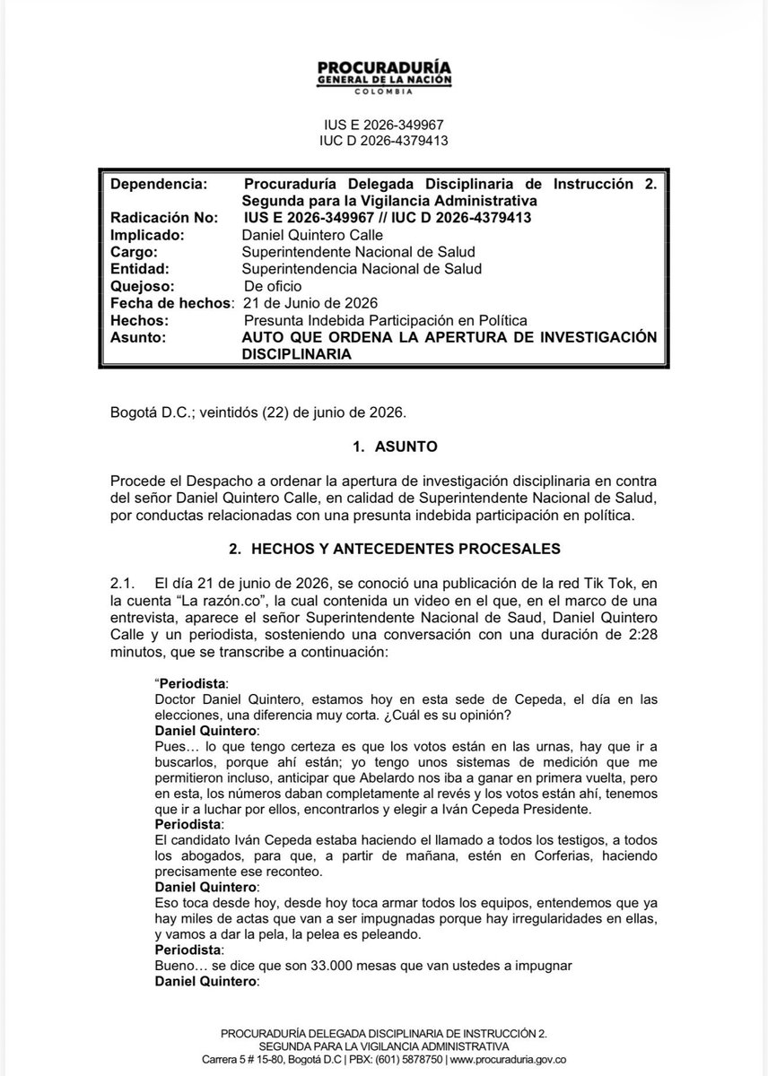 SebasEstradaR's tweet photo. Le salió otro proceso a Daniel Quintero. Participación en política durante la segunda vuelta. ¿No pierde las viejas costumbres? https://t.co/L0yzuJbS7A
