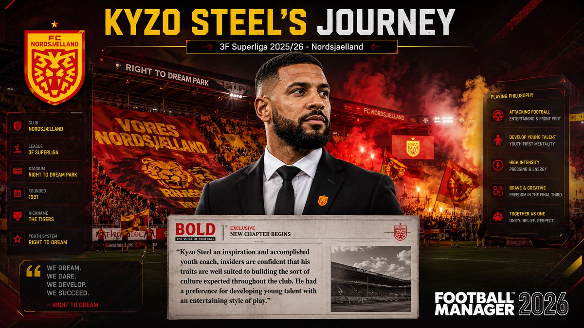 GameWithStan's tweet photo. Football Manager 26

Kyzo Steel - 25 years old (18/06/2000)

Club - Nordsjælland

Profile - Kyzo moved to Denmark from England and joined Nordsjælland’s academy as a youth coach at 20 years old. Within 5 years Kyzo progressed very quickly through the ranks and achieved his Continental Pro License by the young age of 25. Few weeks later the board decided to give this young talented coach a chance to step up and shine as the 1st team manager.

Can Kyzo make a name for himself with the Legends? or crumble under the pressure? Let’s see 🎬🎥

#fm26 #footballmanager26 #nordsjælland #football #gamingcommunity