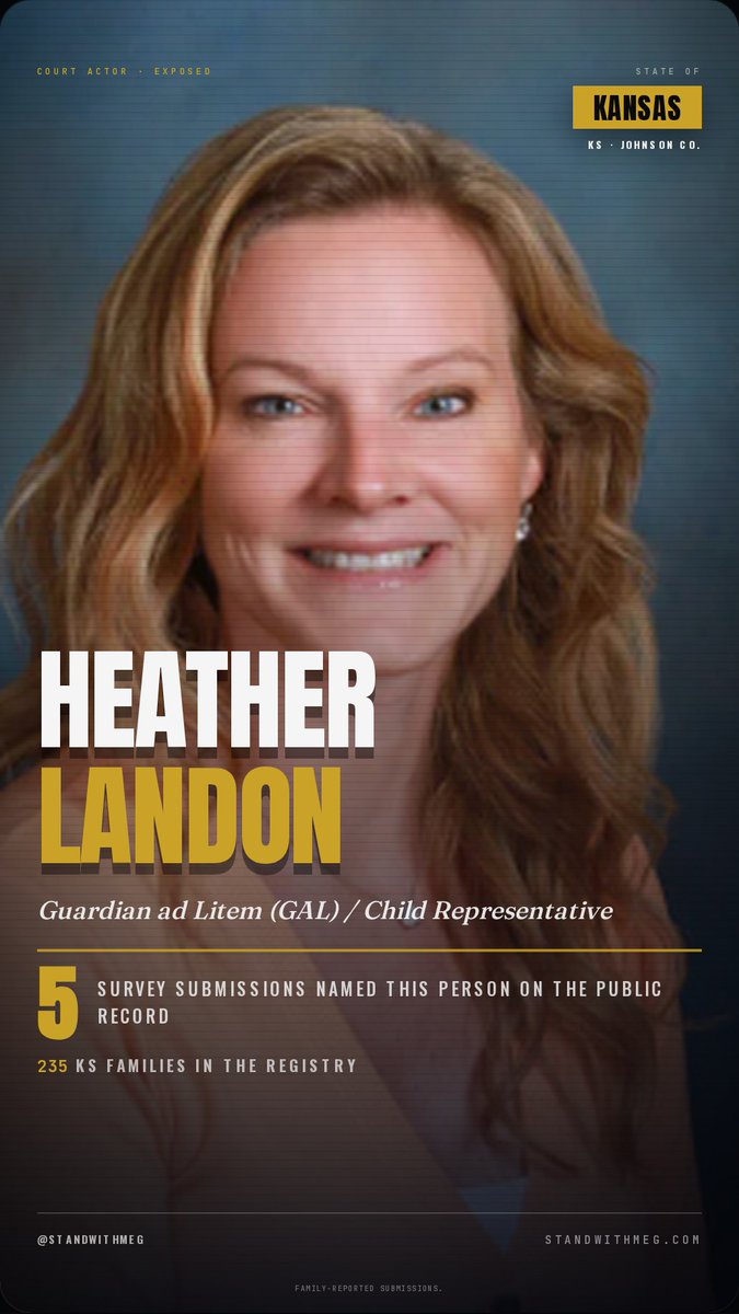 StandwithMeg's tweet photo. β οΈ π¨ GAL / Child Representative Heather Landon β Johnson County, Kansas β named by 5 families on the public record. Add your story β https://t.co/NQEhsiT7JU FAMILY-REPORTED SUBMISSIONS. #StandWithMeg #GALHeatherLandon #KSFamilyCourt #JohnsonCountyKS #BestInterestOfTheChild @DerekSchmidtKS @RepDerekSchmidt @RepDavids