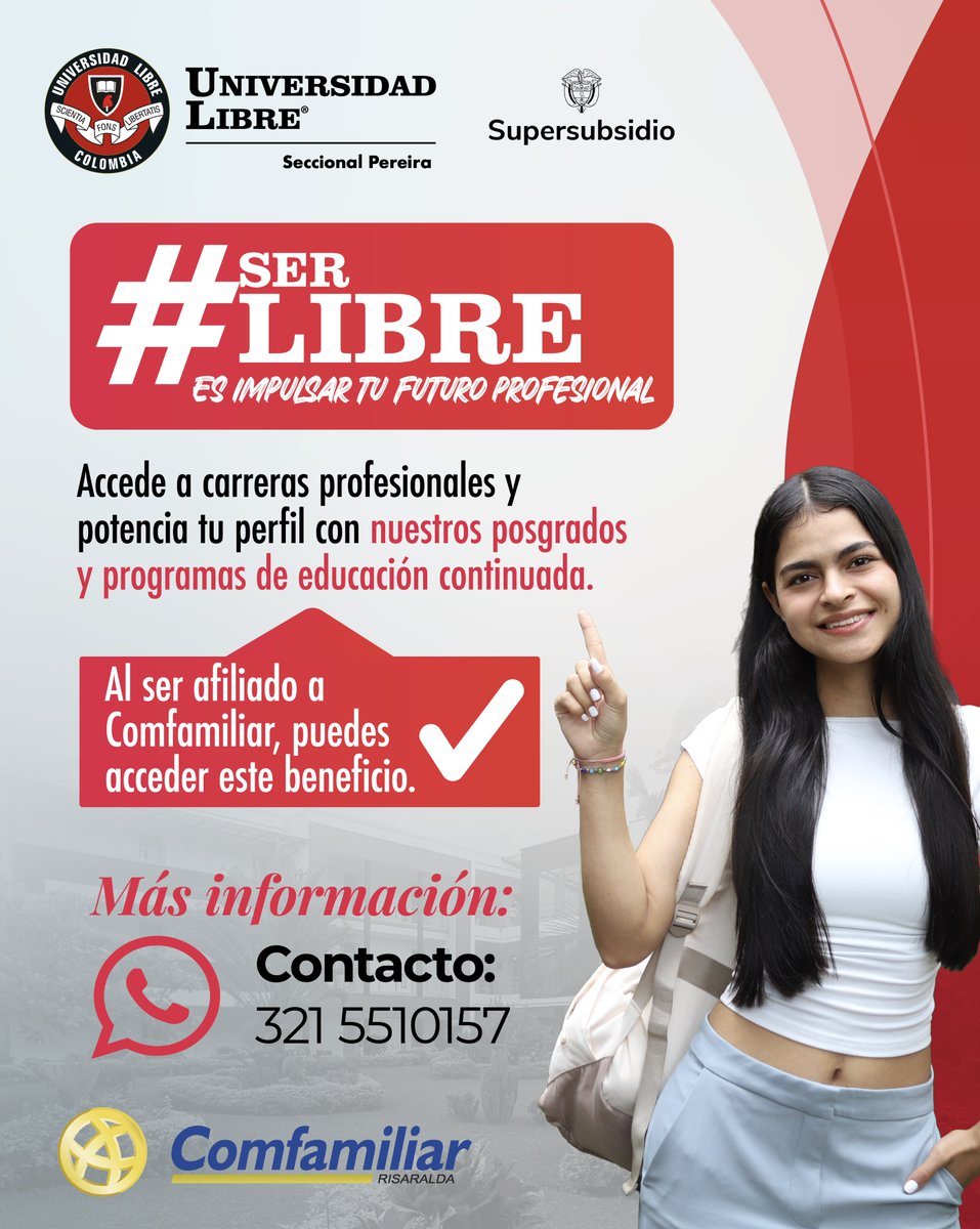 Ulibre_pereira's tweet photo. 🎓✨ ¡Estudia con descuento gracias a nuestro nuevo convenio!
Si eres afiliado a @ComfamiliarRda , aprovecha un 10% de descuento en tu matrícula y lleva tu formación al siguiente nivel 🚀

Hazlo realidad hoy 🙌 📲 Escríbenos por WhatsApp: 321 551 0157 #UniversidadLibre https://t.co/9Ihr1VguQW