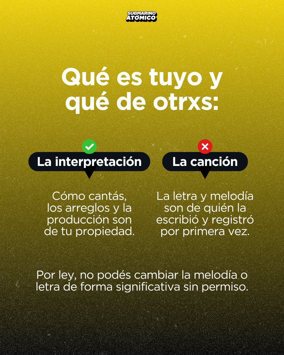 submarinoatomic's tweet photo. Si grabaste un cover o estás por grabar uno, hay algunas diferencias que tenés que conocer. 🙃👀

Tener las licencias y permisos que necesitás es la única forma de distribuir tu canción sin problemas.

#SubmarinoAtómico #MúsicaIndependiente #Cover #DerechoDeAutor https://t.co/bDF5JirmOT