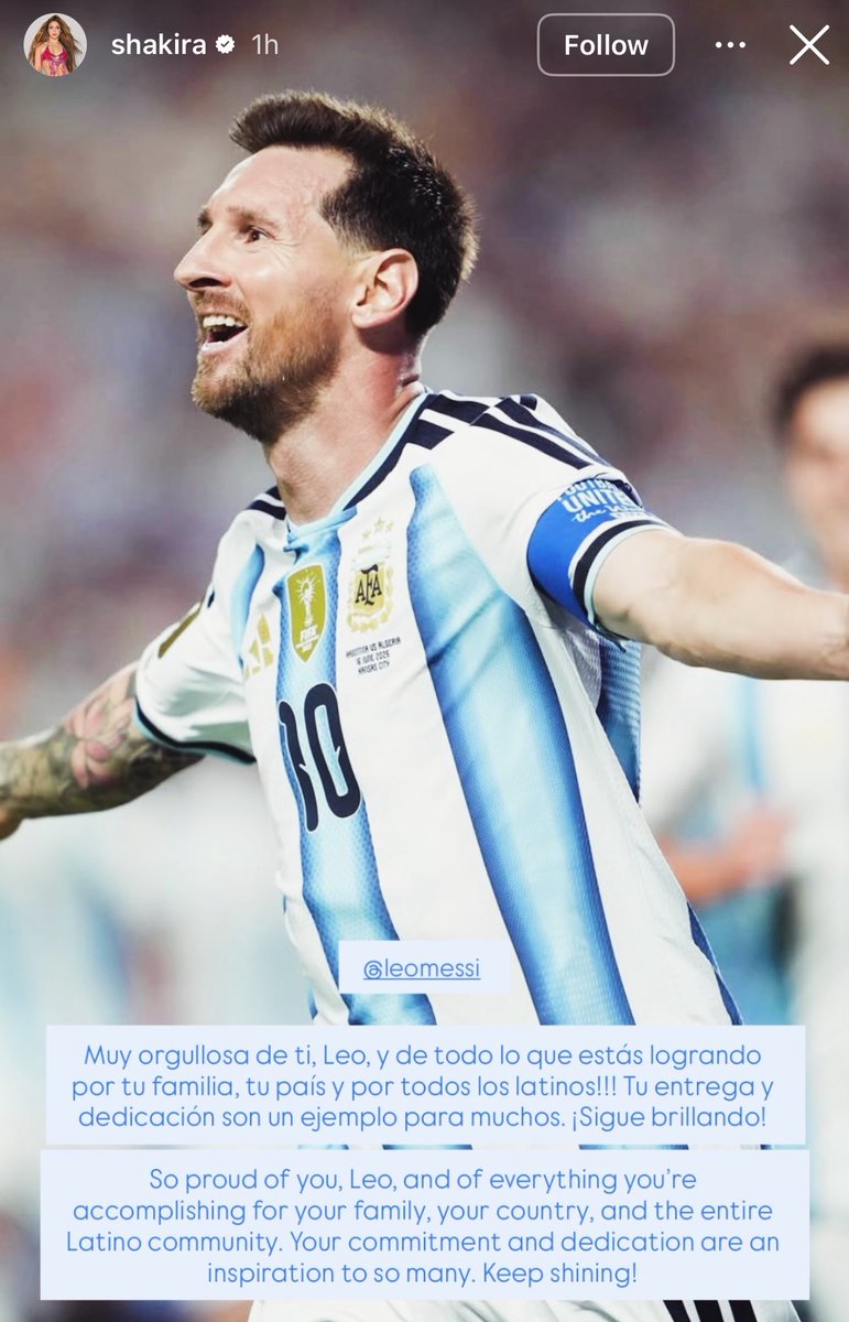 M10GOAT's tweet photo. شاكيرا IG: 

"فخورة جدًا بك يا ليو، وبكل ما تحققه من أجل عائلتك وبلدك وجميع أبناء المجتمع اللاتيني! 

إن تفانيك والتزامك مصدر إلهام للكثيرين، استمر في التألق والنجاح." https://t.co/S8C6BAea5H