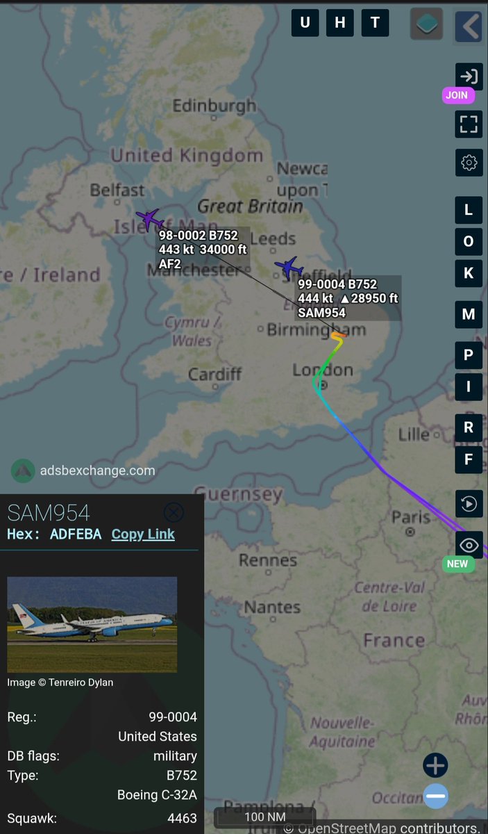 Borrowed7Time's tweet photo. USAF C-32A x2 en route from RAF Mildenhall to JB Andrews with VPOTUS:
98-0002 #ADFEB8 AF2
99-0004 #ADFEBA SAM954 (support)
@sipjack1776 @LadyAstroJet https://t.co/ClffYi04sN