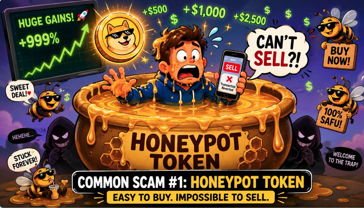 cryptoriskradr's tweet photo. Common Crypto Scam #1: The Honeypot Token

A honeypot looks like a normal token.

You buy in.
The chart pumps.
Your balance looks great.
Then you try to sell…
And you can’t.

The contract may be designed to let buyers enter, but block or punish sellers with hidden rules, extreme sell taxes, or blacklist controls.

That’s how people get trapped.

Before you buy a new token, scan it first.

Crypto Risk Radar helps flag dangerous token risk signals before you put your money in.

No tool can guarantee safety.
But ignoring risk is how scammers win.

CRR — AI-Powered Token Risk Detection

#CryptoRiskRadar #CryptoSafety #Honeypot #ScamTokens #RugPulls #DeFi #CryptoSecurity