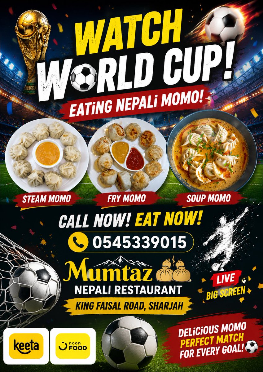 MumtazRest1's tweet photo. ⚽🔥 WATCH THE WORLD CUP &amp; ENJOY AUTHENTIC NEPALI MOMO! 🔥⚽

📞 Call Now: 0545339015
🍽 Mumtaz Nepali Restaurant
📍 King Faisal Road, Sharjah
🛵 Available on Keeta &amp; Noon Food
🔥 Eat Now • Order Now • Enjoy Now!

#NepaliMomo #MomoLovers #NepaliFood #TasteOfNepal #FoodieNepal https://t.co/P0QjdY9WU5