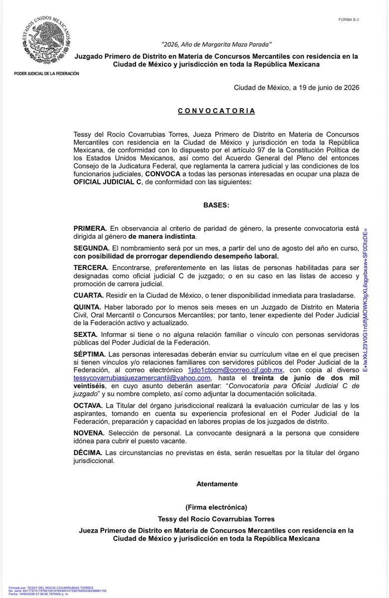 Karinaaozuna's tweet photo. Oportunidades Laborales: Poder Judicial de la Federación 🇲🇽

• Oficial Judicial “C” – [Juzgado Primero de Distrito en Materia de Concursos Mercantiles con residencia en la Ciudad de México y jurisdicción en toda la República Mexicana]

• Secretario Particular – [Juzgado Decimosexto de Distrito en Materia Penal en la Ciudad de México]

• Oficial Judicial “C” – [Juzgado Decimosexto de Distrito en Materia Penal en la Ciudad de México]

#PJF #PoderJudicialdelaFederación