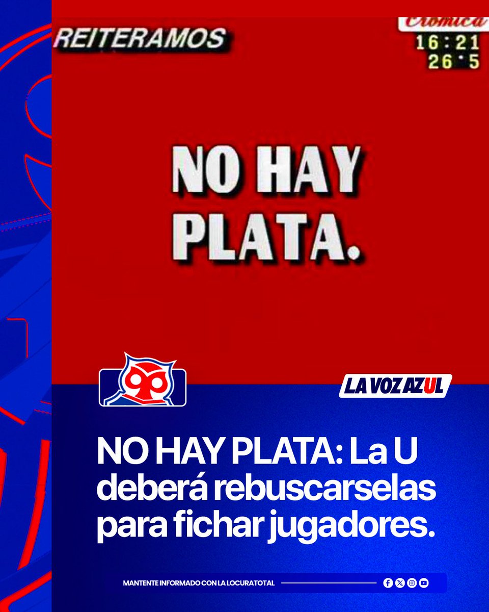 LaVozAzulLT's tweet photo. 🚨 ¡SE ACABÓ EL MISTERIO (Y EL PRESUPUESTO)! Manuel Mayo aterrizó las expectativas de la U: "Habrá que ponerse creativos".

La ilusión de la hinchada azul de ver grandes bombazos en este mercado de pases invernal chocó de frente con la cruda realidad financiera del club.

Desde la dirigencia de Azul Azul confirmaron que el directorio no asignó fondos para salir a comprar, por lo que la única forma de potenciar el plantel será mediante una drástica "operación salida" para liberar masa salarial.

El primer damnificado de esta ingeniería financiera es el paraguayo Lucas Romero, quien ya se encuentra en territorio norteamericano afinando los últimos detalles para sellar su inminente traspaso a los Xolos de Tijuana de México.

#VamosLaU #LocuraTotal 🔵🔴🤘🏻
