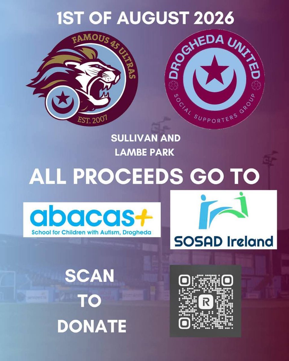 45_ultras's tweet photo. The Famous 45 Ultras and the Drogheda United Social Supporters Group are delighted to announce a charity football match which will take place between the two groups on Saturday the 1st of August. Tickets can be purchased for €5 in the link below.

The Social Supporters Group will be representing SOSAD Ireland and the Ultras will represent Drogheda Abacas Special School & Autism Support Louth/Meath Youth Clubs. Two distinct charities who both parties are delighted to represent for such an occasion.

Both groups will also be collaborating to bring together a venue for some evening entertainment for all fans on the day which will include raffles.

Ticket link below ⬇️ 

https://t.co/myzCrmv9M4