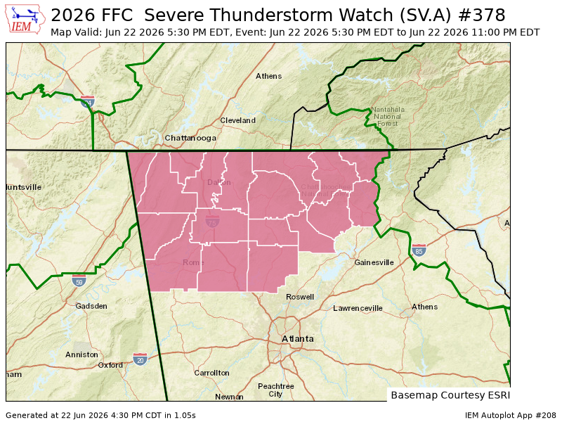 MurrayCountyPS's tweet photo. FFC issues Severe Thunderstorm Watch for Bartow, Catoosa, Chattooga, Cherokee, Dade, Dawson, Fannin, Floyd, Gilmer, Gordon, Lumpkin, Murray, Pickens, Towns, Union, Walker, White, Whitfield [GA] till Jun 22, 11:00 PM EDT https://t.co/nLnE4Rzxox https://t.co/GUTyPyyAjN