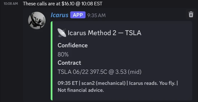 TheIcarusEdge's tweet photo. Today's board:

$TSLA 397.5C: +355%
$META 567.5P: +98%
$GOOGL 345P: +54%
$SPX 7475C: +64%
$MRVL 302.5P: -15.5%
$GOOGL 347.5C: +114%

First MRVL alert since the poll. It lost, but it still goes on the board same as the rest. https://t.co/Bsu2mBWr8l