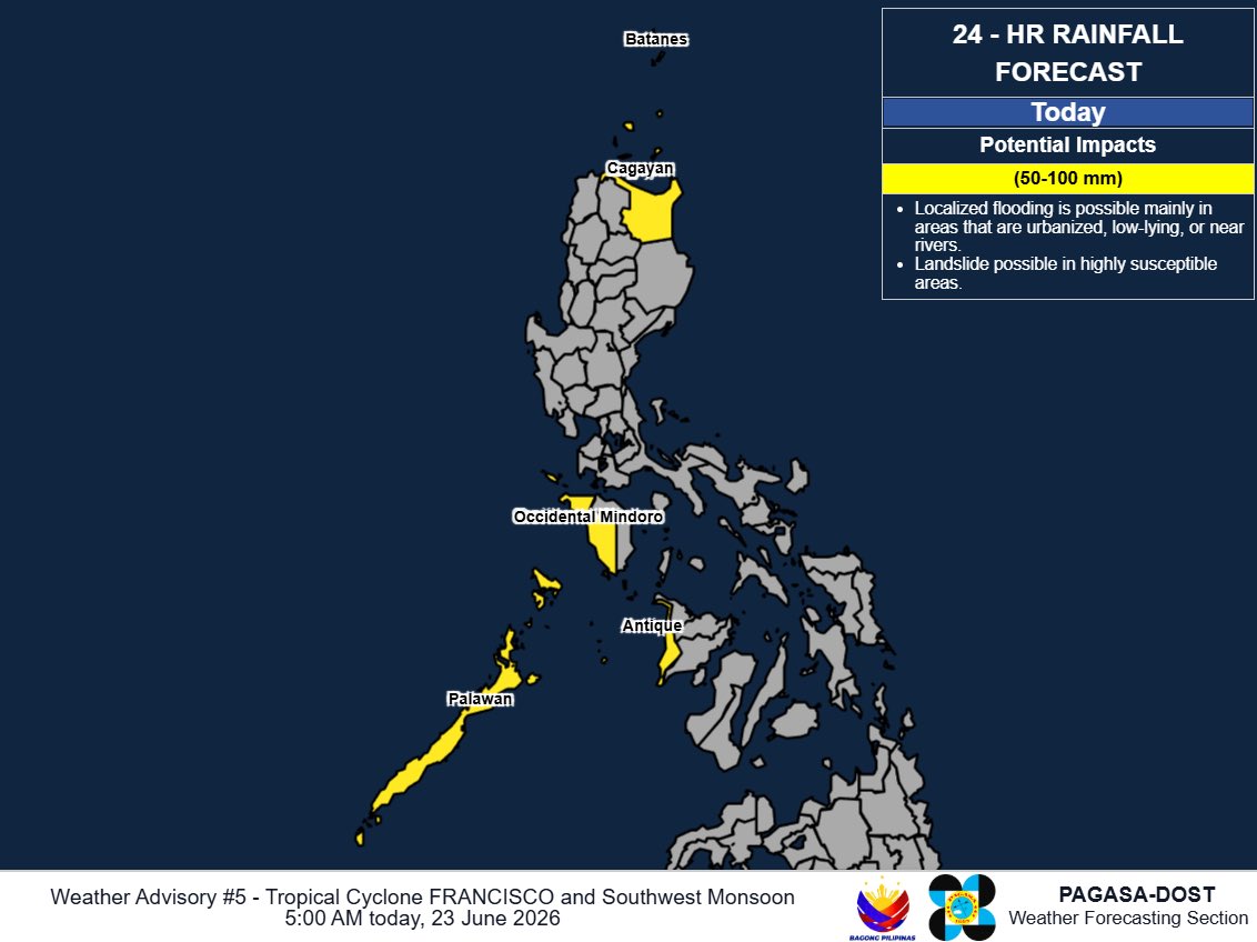 arielrojasPH's tweet photo. This Tuesday, moderate to heavy rains rains may be experienced in Batanes and Cagayan due to Francisco’s rain bands and in Occidental Mindoro, Palawan, and Antique due to Habagat.

Moderate to heavy rains may persist in Batanes, Occidental Mindoro, and Palawan through Thursday. https://t.co/SZaakHWuqO