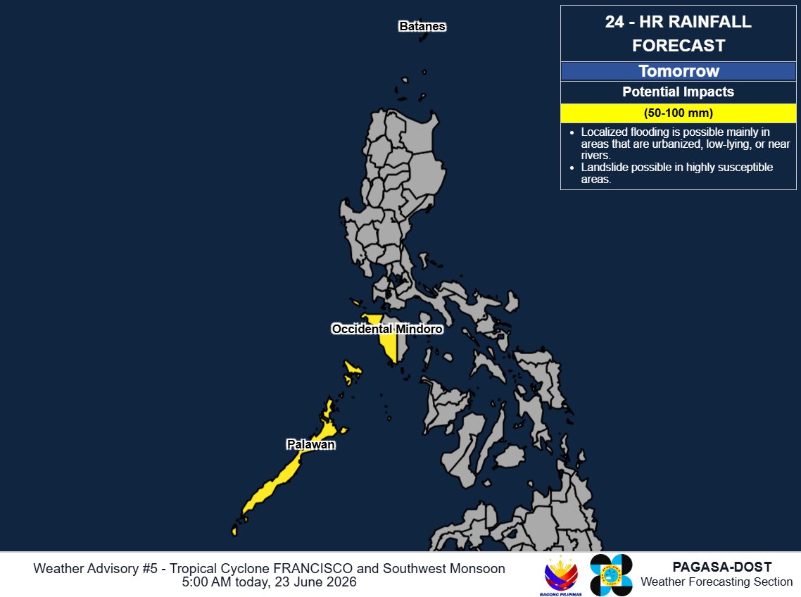 arielrojasPH's tweet photo. This Tuesday, moderate to heavy rains rains may be experienced in Batanes and Cagayan due to Francisco’s rain bands and in Occidental Mindoro, Palawan, and Antique due to Habagat.

Moderate to heavy rains may persist in Batanes, Occidental Mindoro, and Palawan through Thursday. https://t.co/SZaakHWuqO