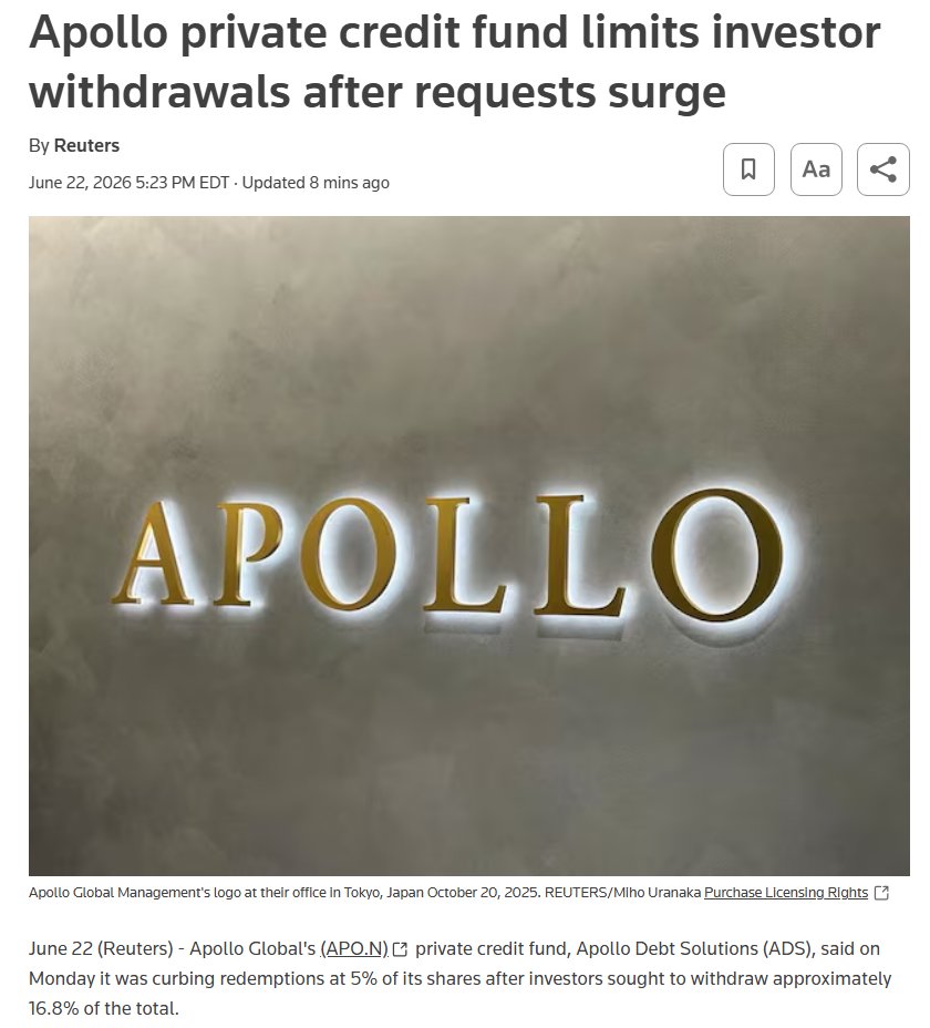junkbondinvest's tweet photo. *APOLLO PRIVATE CREDIT FUND GETS ABOUT 16.8% REDEMPTION REQUESTS

I was told the private credit fears were overdone. https://t.co/boeVcCgL53