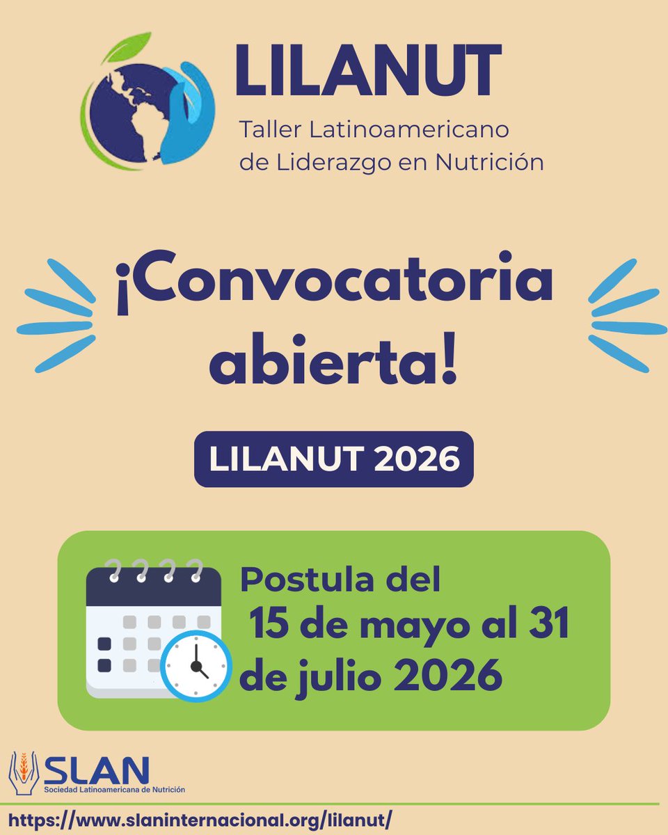 lilanut_slan's tweet photo. 🌎✨ ¡La convocatoria para #LILANUT2026 ya está abierta!

Fortalece tus habilidades de liderazgo junto a profesionales de nutrición y salud pública de América Latina y el Caribe.

📍 Santiago, Chile
📅 19–24 oct 2026
📝 Postula hasta el 31 de julio https://t.co/Rjq9NfPljg