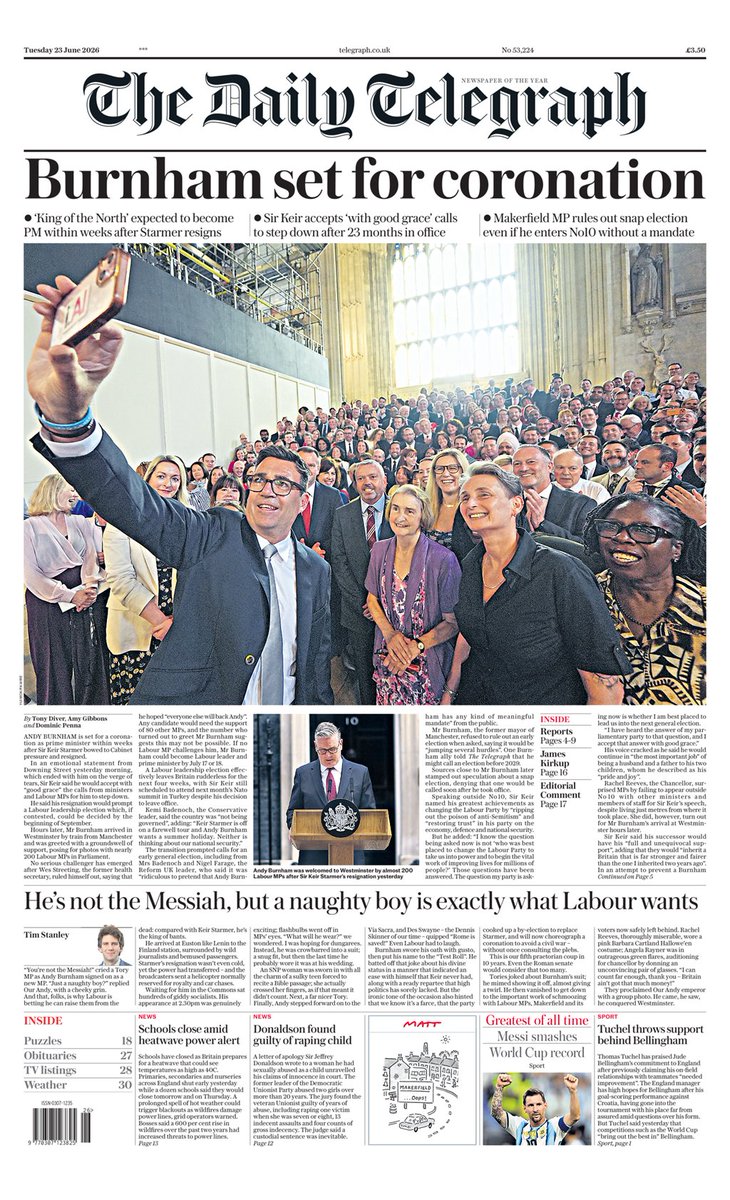 BobCallan's tweet photo. Andy Burnham is expected to become the new prime minister within weeks after Sir Keir Starmer resigned, says The Daily Telegraph.

'TUESDAY'S NATIONAL NEWSPAPER FRONT PAGES' -
https://t.co/0lMsliM16A https://t.co/Mis75ouRno