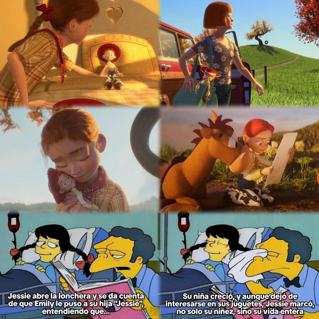 elduuuui's tweet photo. POST CON SPOILERS DE "TOY STORY 5" ‼️🚨

No les voy a mentir, yo esperaba ver un reencuentro entre Jessie y Emily (su antigua dueña) durante "Toy Story 5", y conforme veía que la trama avanzaba y eso se hacía mas difícil, me decepcionaba poco a poco creyendo que nos habían engañado usando la nostalgia.

Para mi sorpresa, lo que sucedió fue más impactante que lo que esperaba.

Ver que Emily tuvo una hija a la que nombró Jessie tocó las fibras más sensibles de mi corazón.
Ver que gracias a esto Jessie pudo entender que su niña había crecido, y por ende había dejado de interesarse en los juguetes, de ahí la razón de su donación, pero a pesar de eso, Jessie fue tan importante para la Emily "niña" que marcó por completo su vida, al grado de tener a una pequeña vaquera como hija con el mismo nombre que aquella muñeca que la acompañó durante toda su niñez.

"Jessie, siempre serás mi pequeña vaquera"

                                                                                - Mamá.

Que hermoso cierre le dieron a Jessie.
Para mí, fue un gran acierto basar la trama en su historia, me hizo llorar casi al grado de "Toy Story 3"