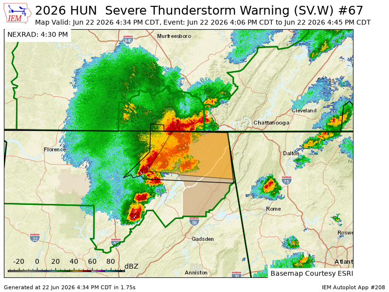 alstormtracker's tweet photo. HUN updates Severe Thunderstorm Warning [wind: 60 MPH (RADAR INDICATED), hail: <.75 IN (RADAR INDICATED)] (cancels Lincoln [TN], continues DeKalb, Jackson, Madison [AL]) till 4:45 PM CDT https://t.co/oIGj8gRC2S https://t.co/XxXlYJd1Dt
