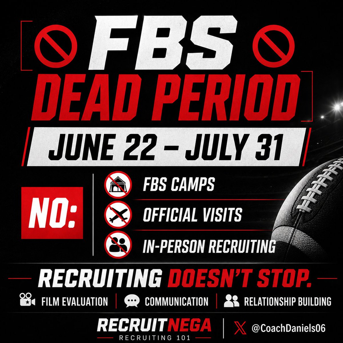 CoachDaniels06's tweet photo. ‼️ FBS DEAD PERIOD ‼️
📅 June 22 – July 31

The NCAA FBS Dead Period is officially in effect.

What this means for high school recruits:

✅ Coaches can still evaluate film
✅ Coaches can still call, text, DM, and email recruits
✅ Schools continue building recruiting boards
✅ Offers can still be extended

🚫 No FBS Camps
🚫 No Official Visits
🚫 No Unofficial Visits with recruiting contact
🚫 No In-Person Recruiting Activities
🚫 No Home Visits

This period allows college staffs to focus on evaluations, relationship building, roster management, and preparing for the upcoming season.

Recruiting doesn't stop—it simply shifts gears.

For recruits, this is the perfect time to:

• Update your film
• Improve your athletic profile
• Attend non-FBS events and showcases
• Stay in contact with coaches
• Prepare for a big fall season

The prospects who continue working while others slow down will be the ones who separate themselves when the Dead Period ends.

Recruiting season never truly stops. The work you put in now will show up later.

#RecruitNEGA #Recruiting101 #NCAARecruiting #FBSRecruiting #ClassOf2027 #ClassOf2028 #TrustTheProcess #StudentAthlete #CoachD #RecruitNEGAProspect
